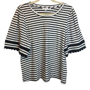 Chico's Shirt Women's Size Large‎ Stripes Scalloped Sleeves Nautical Black White